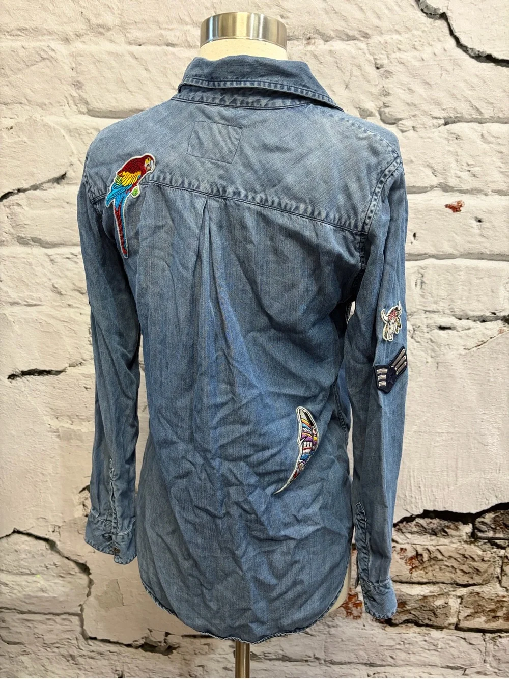 Rails Chambray Carter Patchwork Dark Vintage Button Up Denim Shirt Feather Peace